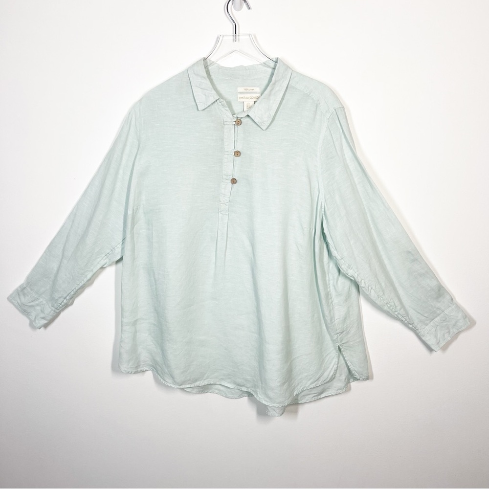 Cynthia Rowley Women's Size 2X Mint Green Linen Three Button Placket Shirt